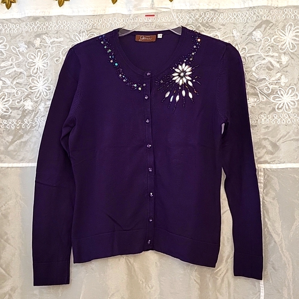 Deep Purple Sparkly Beaded Cardigan, M/L* - Picture 1 of 12